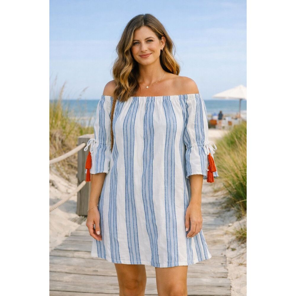 Altar’d  State Gretchen Blue White Striped Linen Tassel Boho Dress Size M